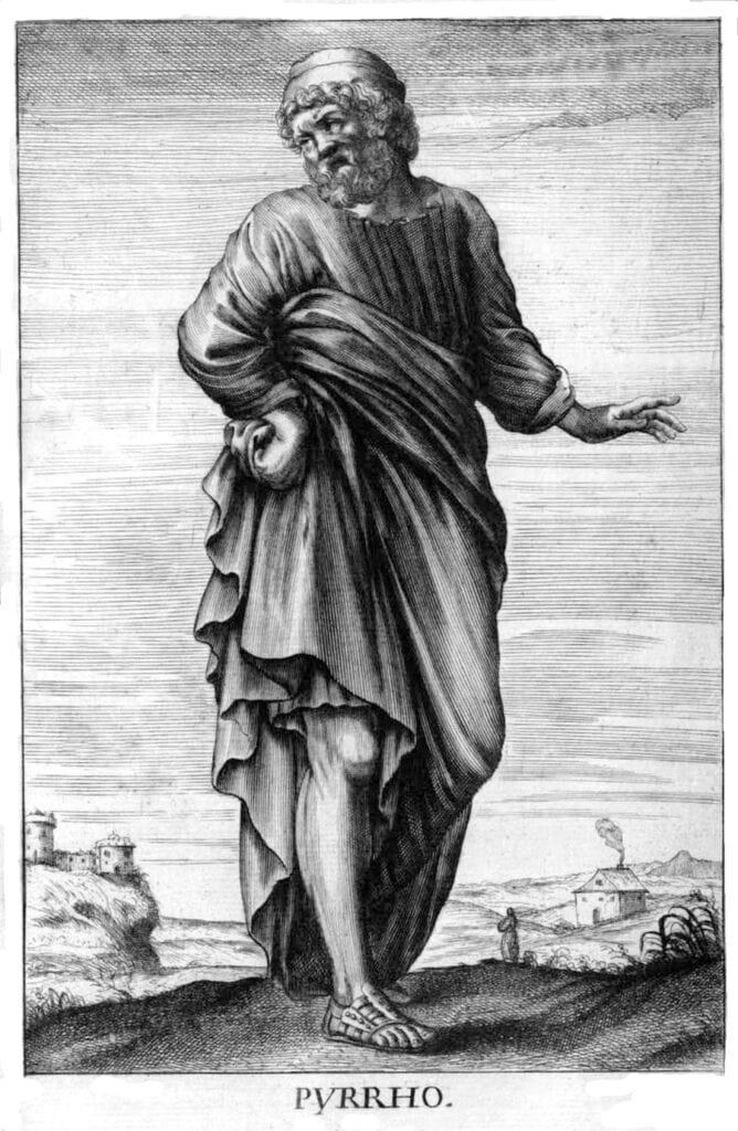 Etching of Pyrrho of Elis standing atop a hill in a skeptical pose.
