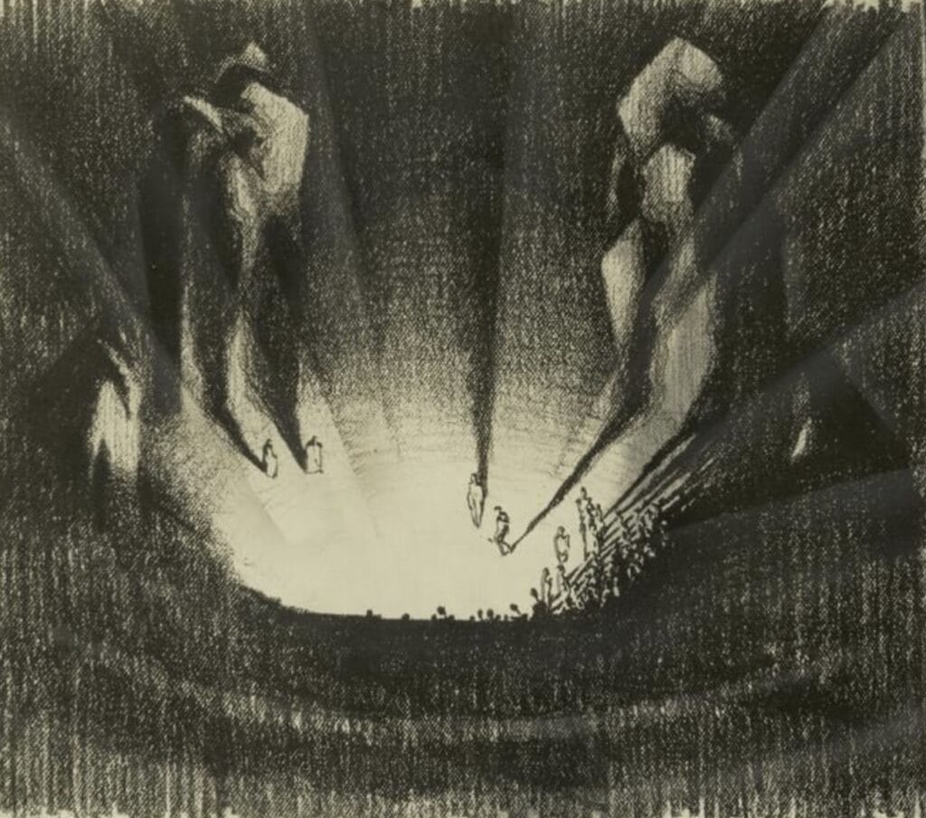 Bird’s eye view of an illuminated pit with shadowy figures dwelling within.