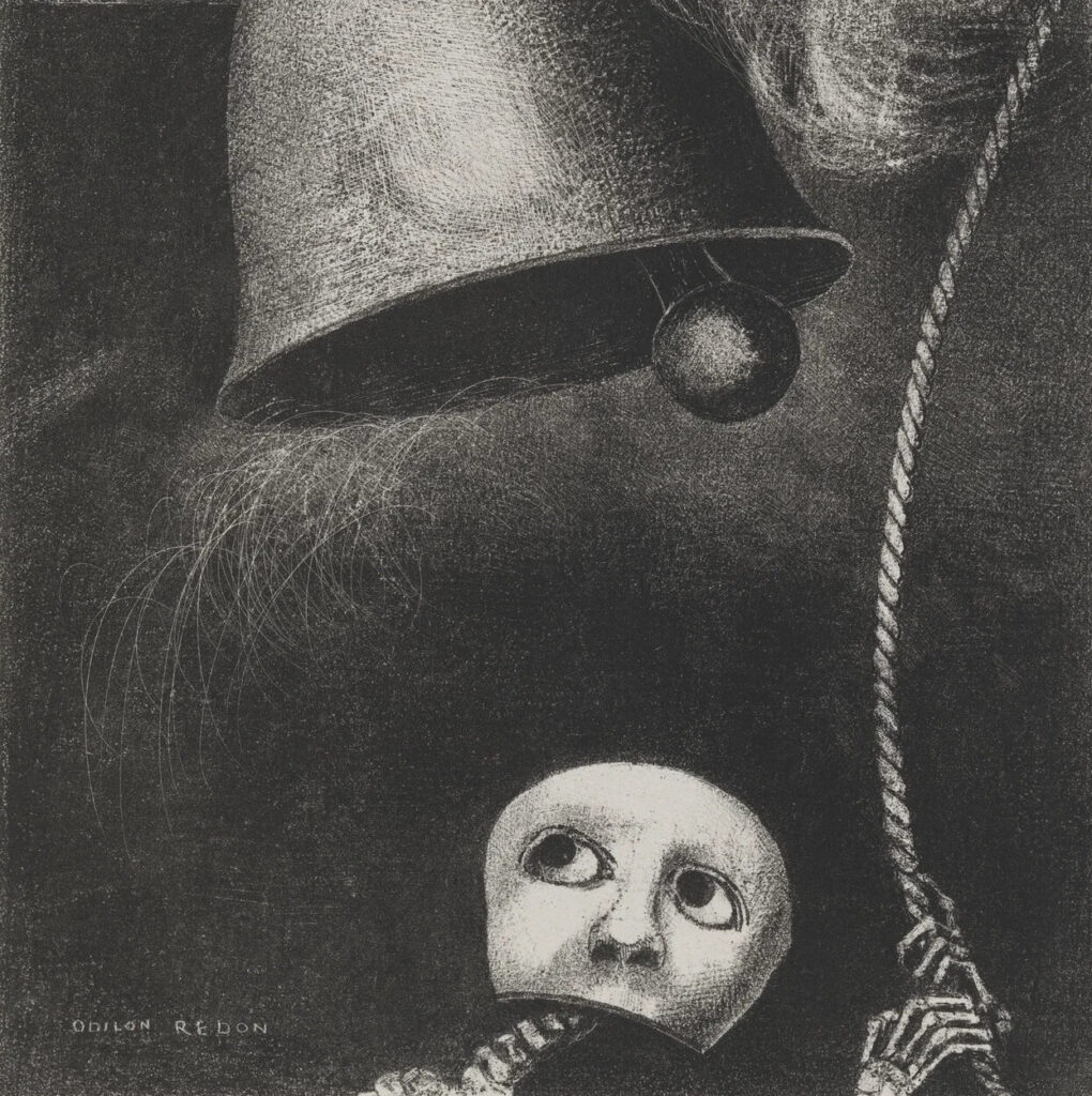 Etching of a tolling bell pulled by a skeleton wearing a mask