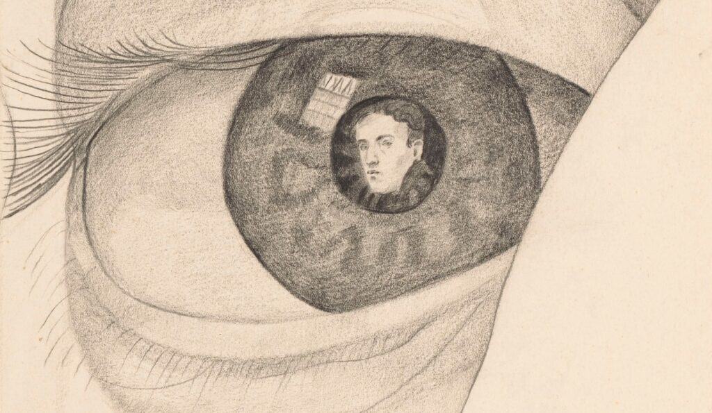 A close up pencil drawing of artist Cor van Teeseling’s face with a self-portrait in the pupil