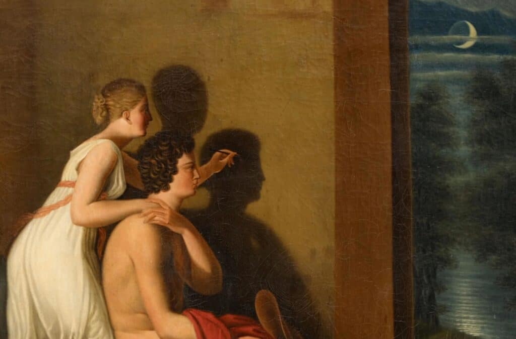 Painting of a woman and man in classical Greek dress in profile with shadows cast on the wall in silhouette; the woman is painting the man's shadow.