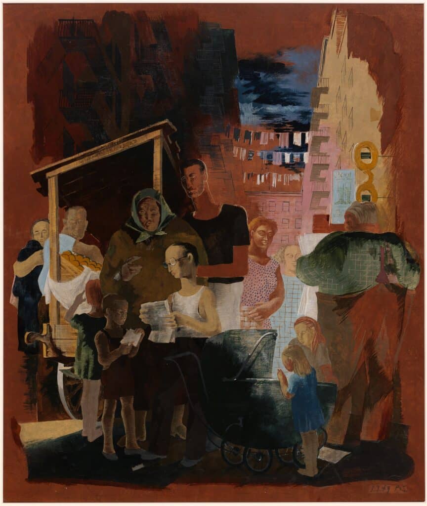 Tempera painting of various pedestrians on the streets of New York. A few browse a fruit stand, two children look into a stroller, and others walk around them. Skyscrapers rise all around.