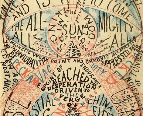 Hand-lettered diagram of overlapping blue, red, and black text in capitals