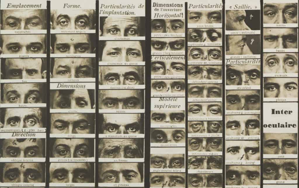 Columns of black-and-white photographs of eyes labelled in French.