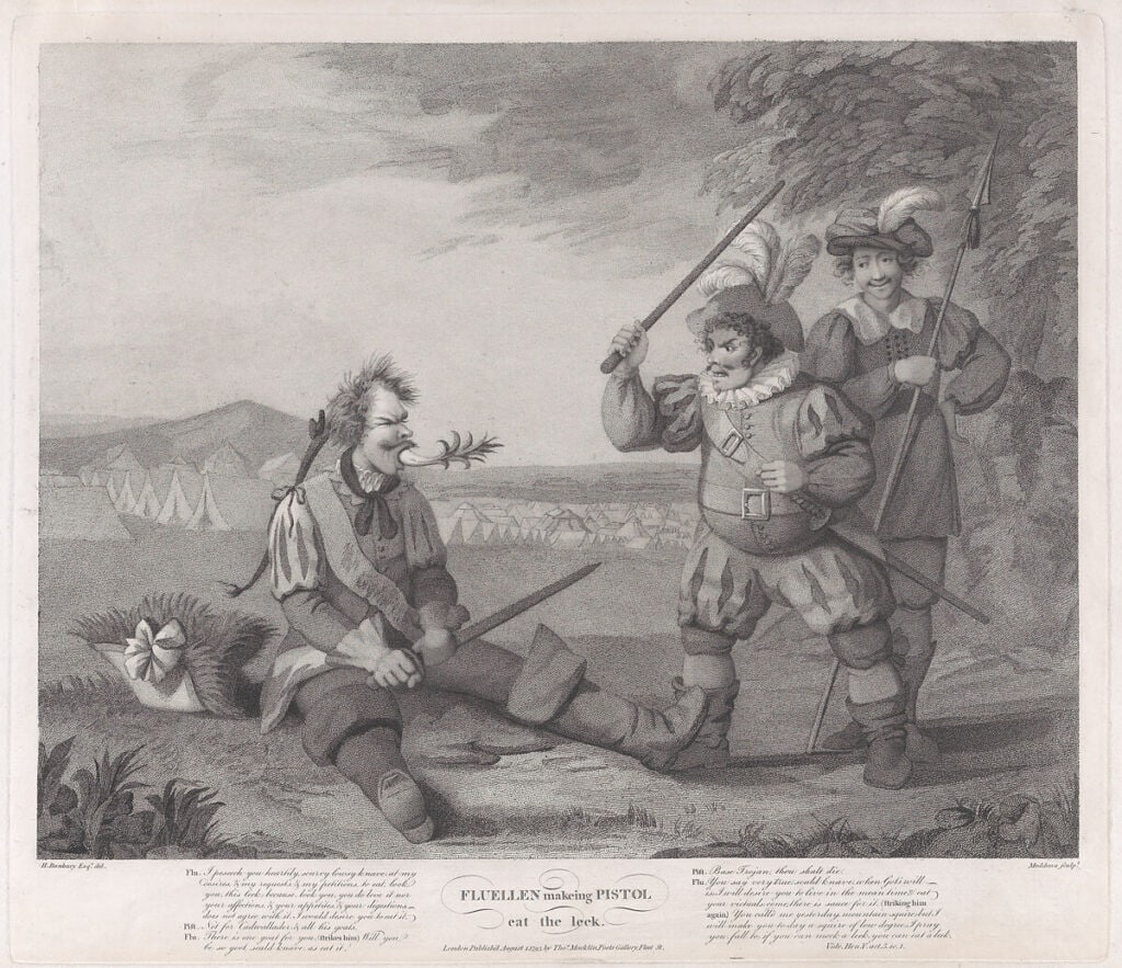 Engraving depicting three soldiers in a military camp, with two standing over a seated soldier holding a sword.